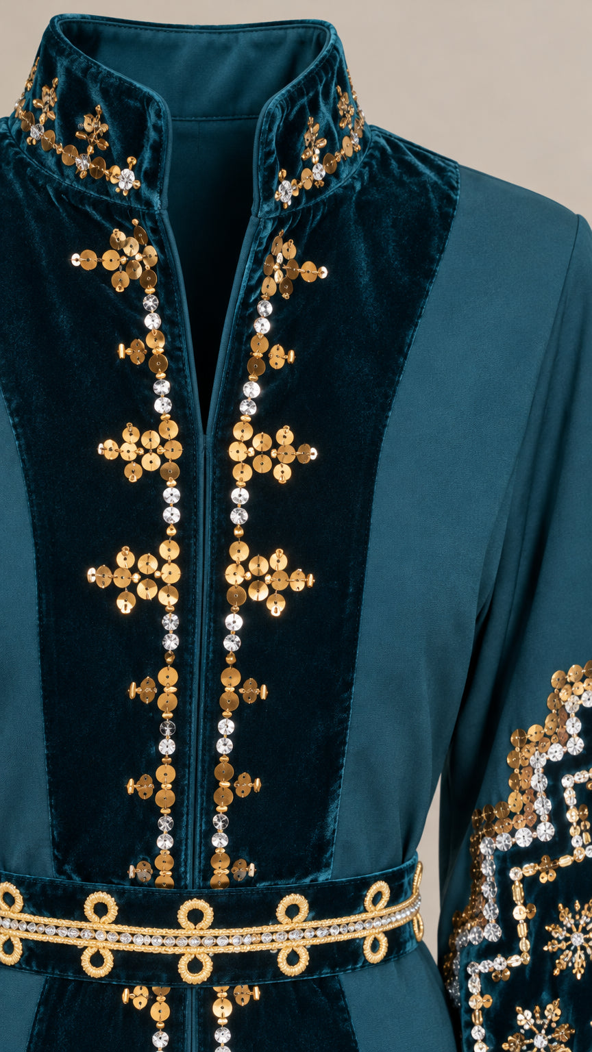 Close-up detail of gold embroidery, sequin embellishment, and velvet panel on teal kaftan