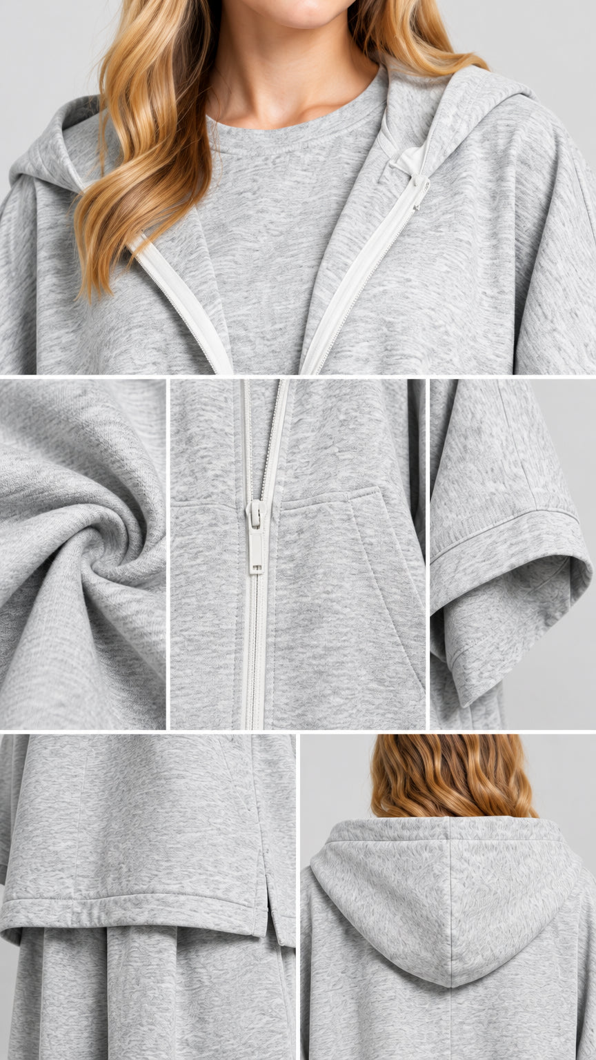 Close-up details of heathered fleece fabric, zipper closure, and cape sleeve design