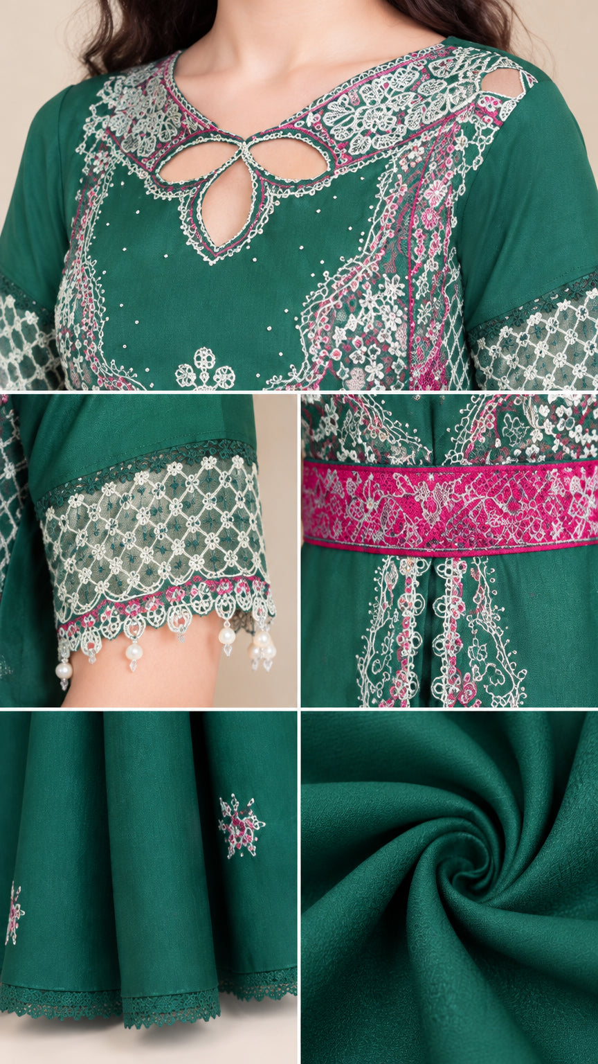 Close-up details of embroidery, keyhole neckline, beaded sleeve fringe, and woven fabric