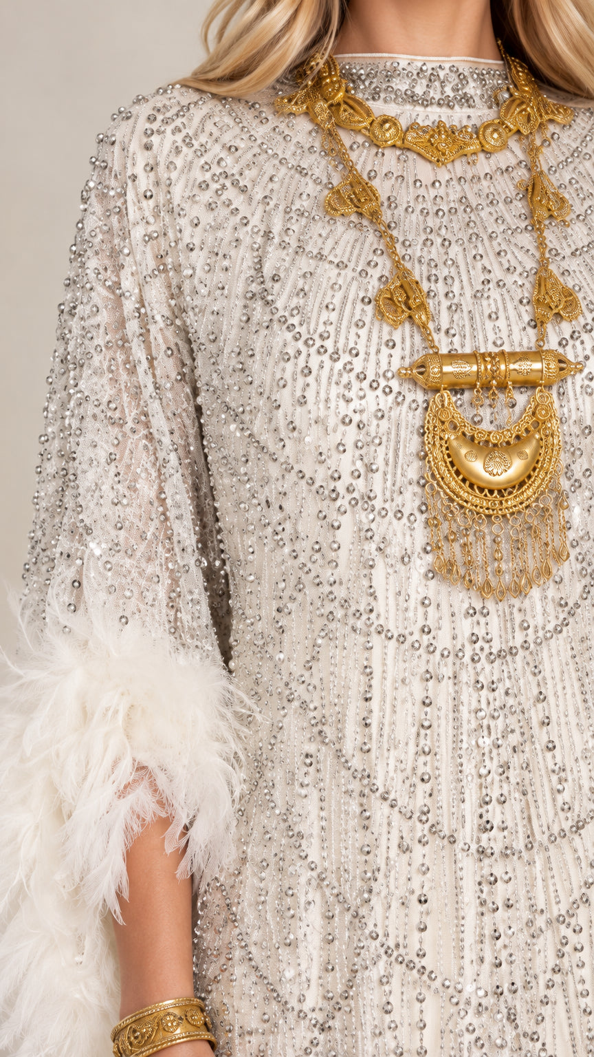Close-up detail of silver-tone beading and white feather cuffs