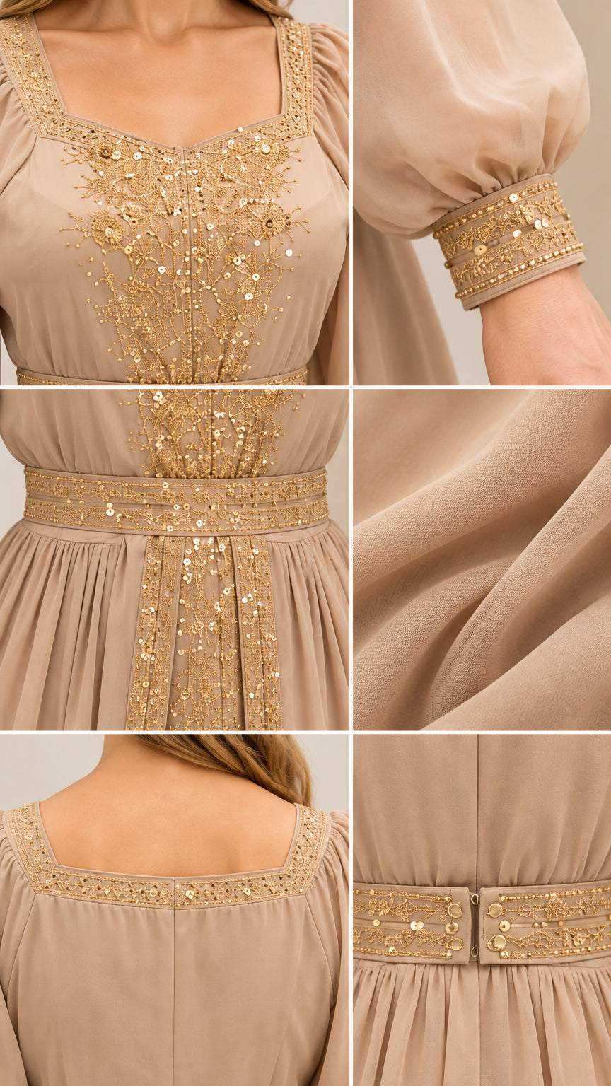 Detailed close-up view of golden sequin embroidery on neckline, cuffs, and waistband