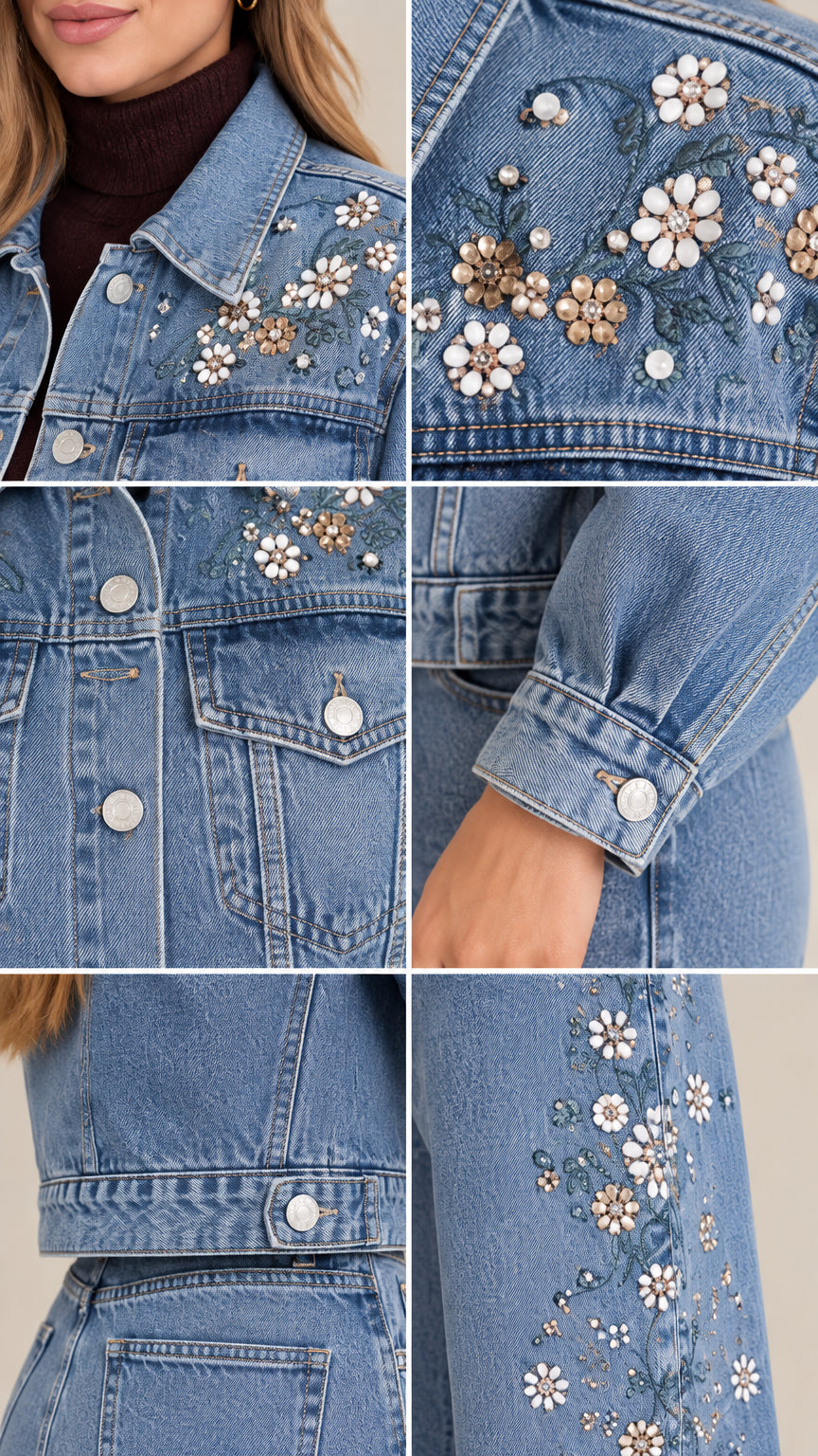 Detailed close-up collage of floral pearl embellishments, metal buttons, and denim cuffs