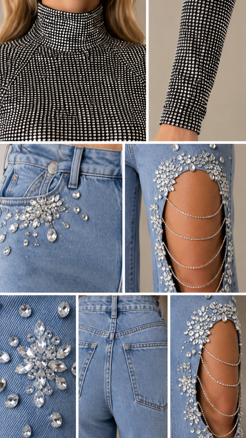 Close-up details of rhinestone thigh cutout, chain drape, front pocket gems, and glitter fabric