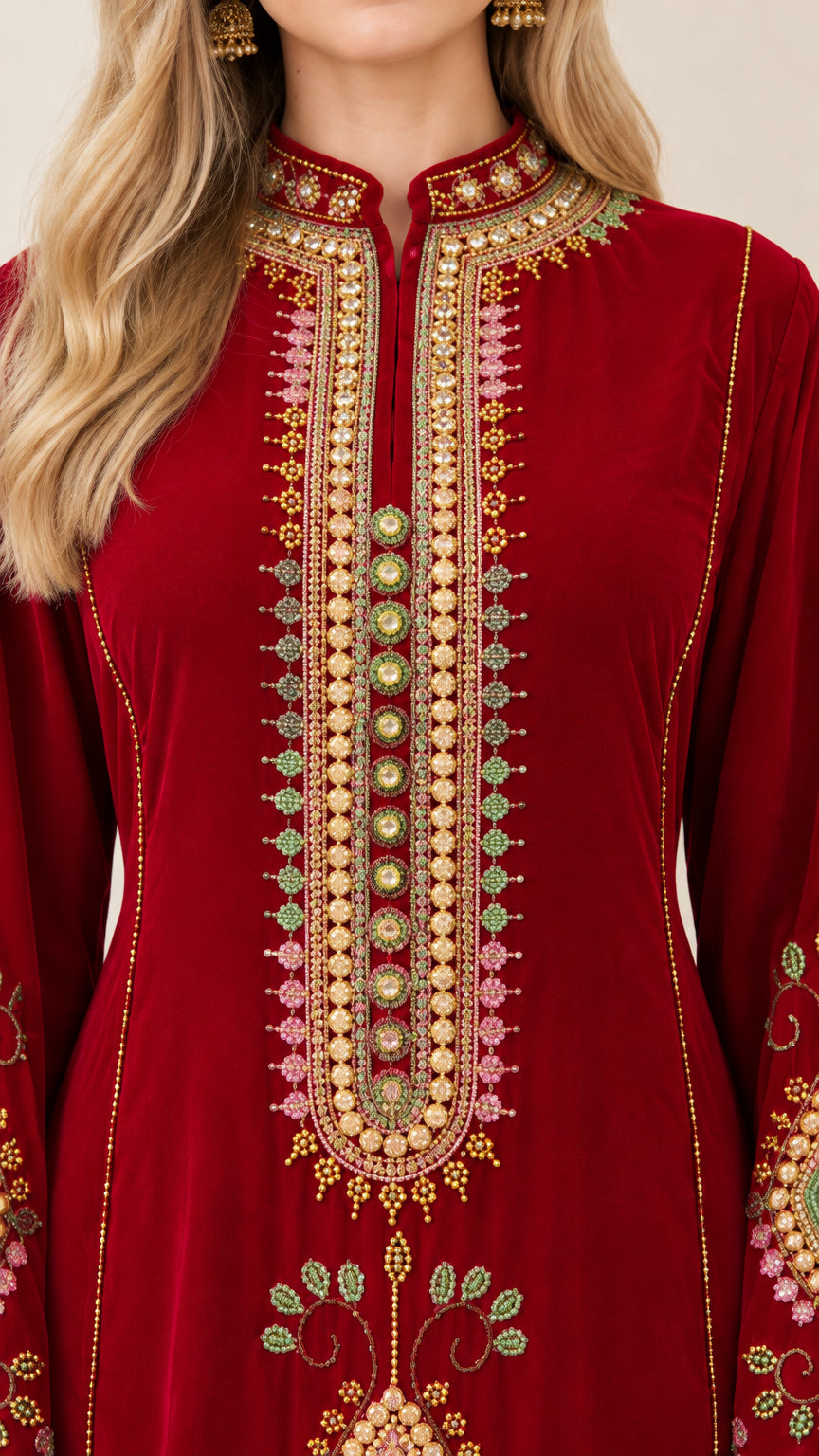 Close-up detail of ornate gold and pastel embroidery on neckline and chest