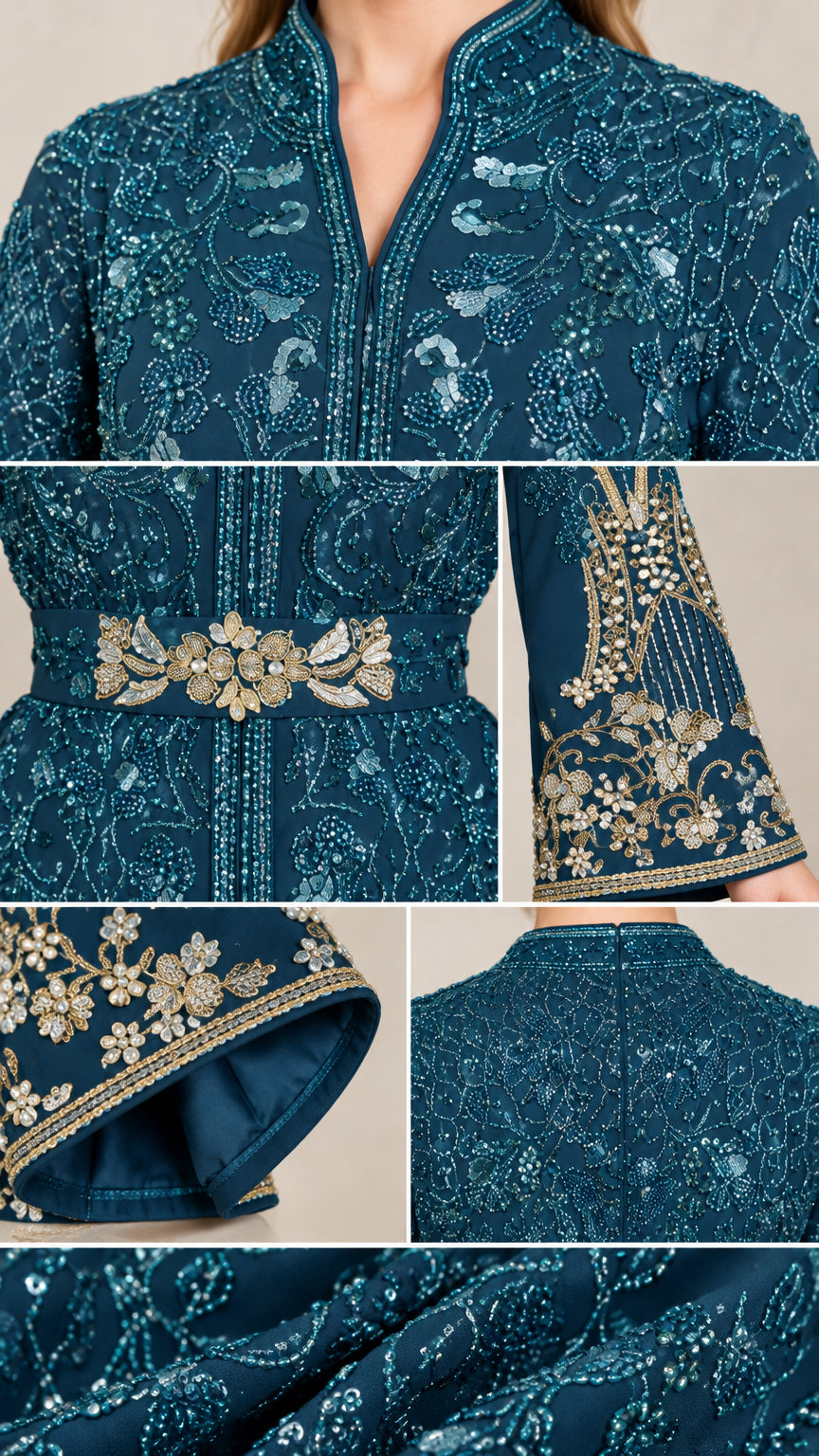 Close-up details of embroidery, waist belt, sleeve cuff, and back zipper on teal gown