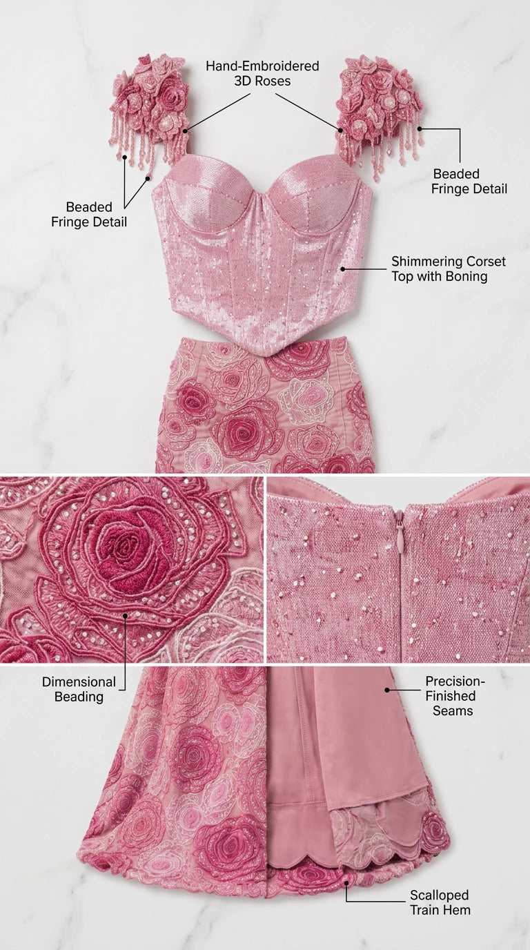Close-up details of 3D rose shoulder appliques, beaded fringe, and boned corset bodice