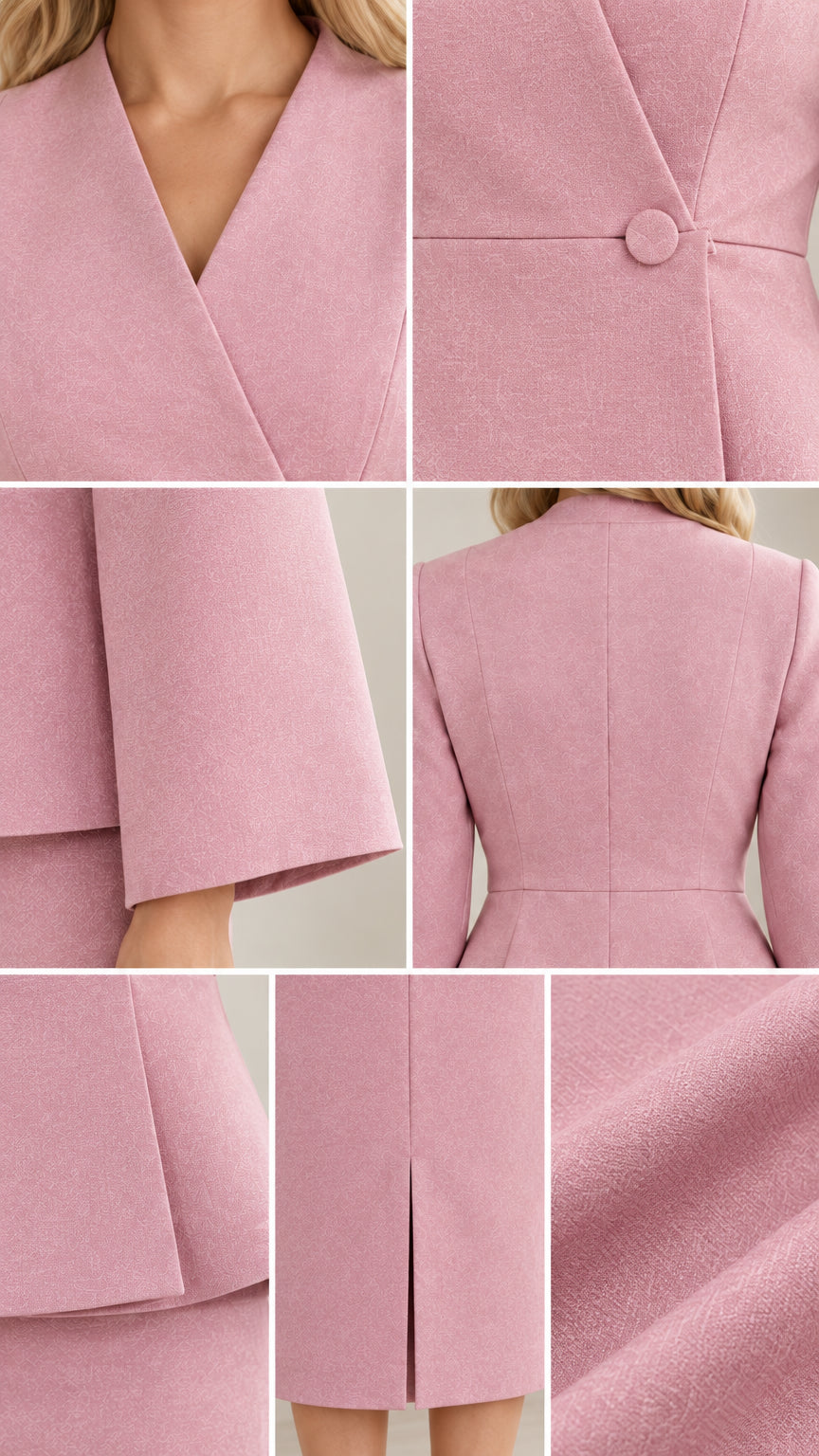 Close-up details of wrap neckline, button closure, flared sleeve, and fabric texture