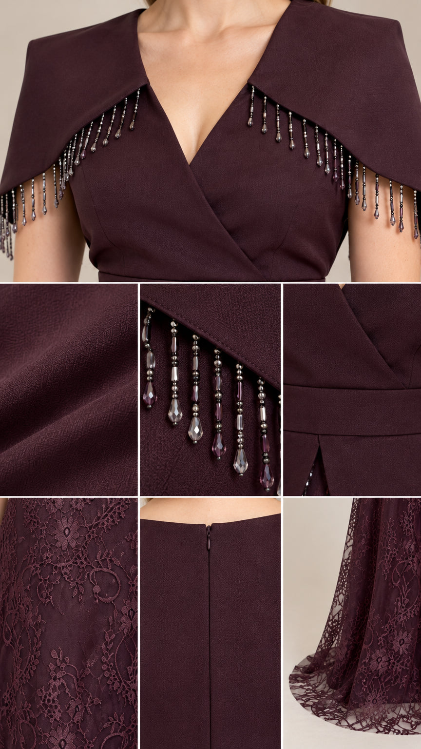 Close-up details of beaded fringe, crossover neckline, and lace skirt fabric