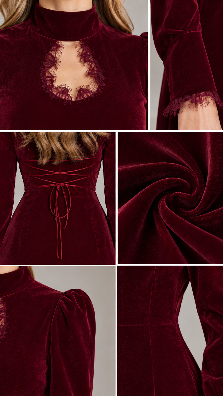 Close-up details of lace cutout neckline, sleeve cuffs, and plush velvet fabric