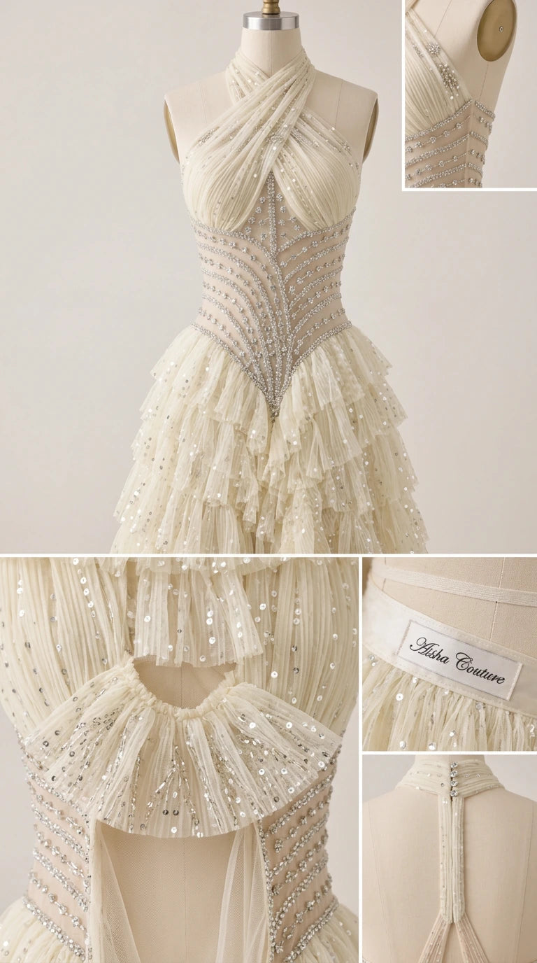 Close-up details of the Ivory criss-cross bodice beadwork and tiered tulle fabric