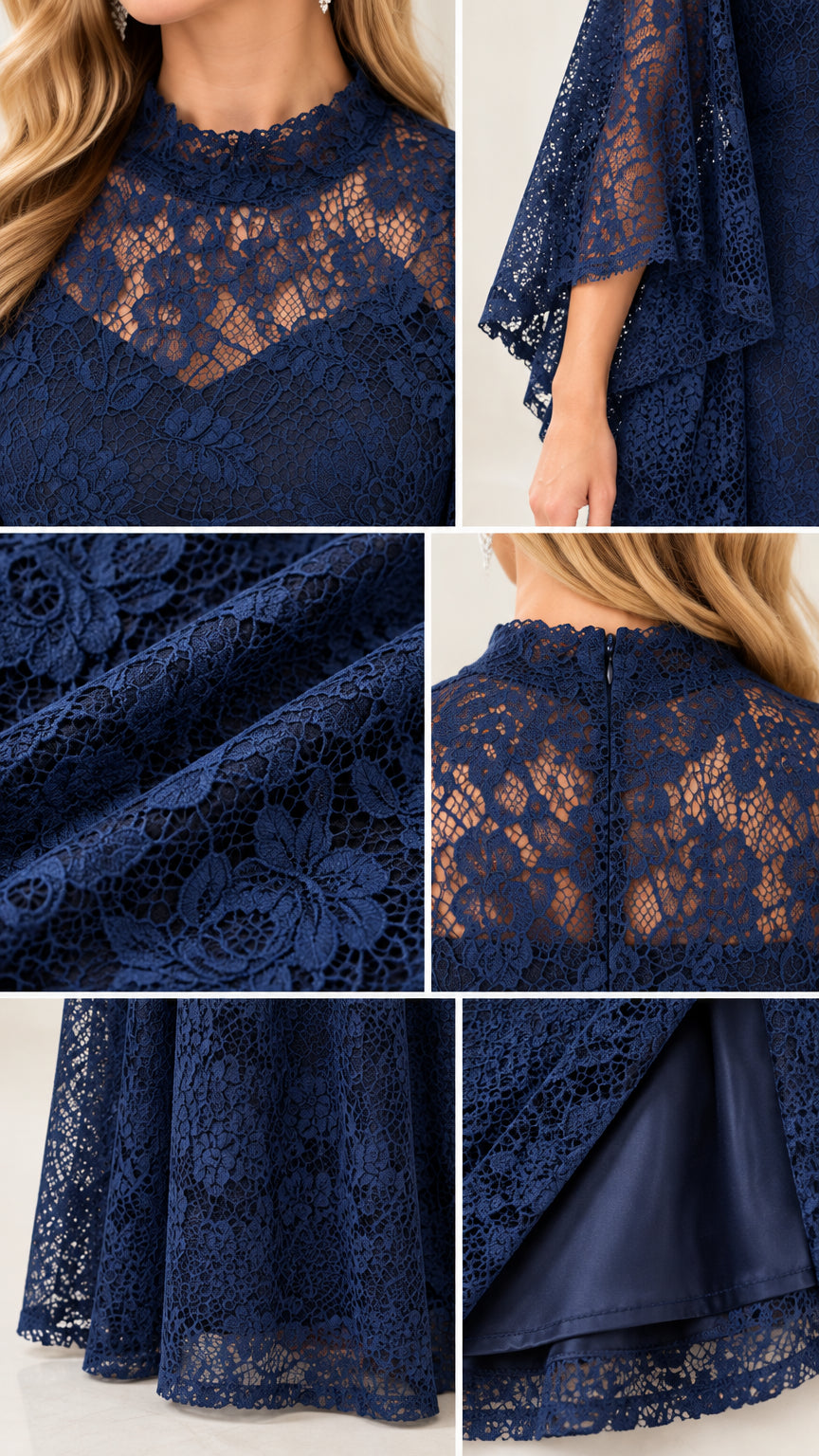 Detailed close-up collage of floral lace texture, sweetheart lining, and scalloped hem