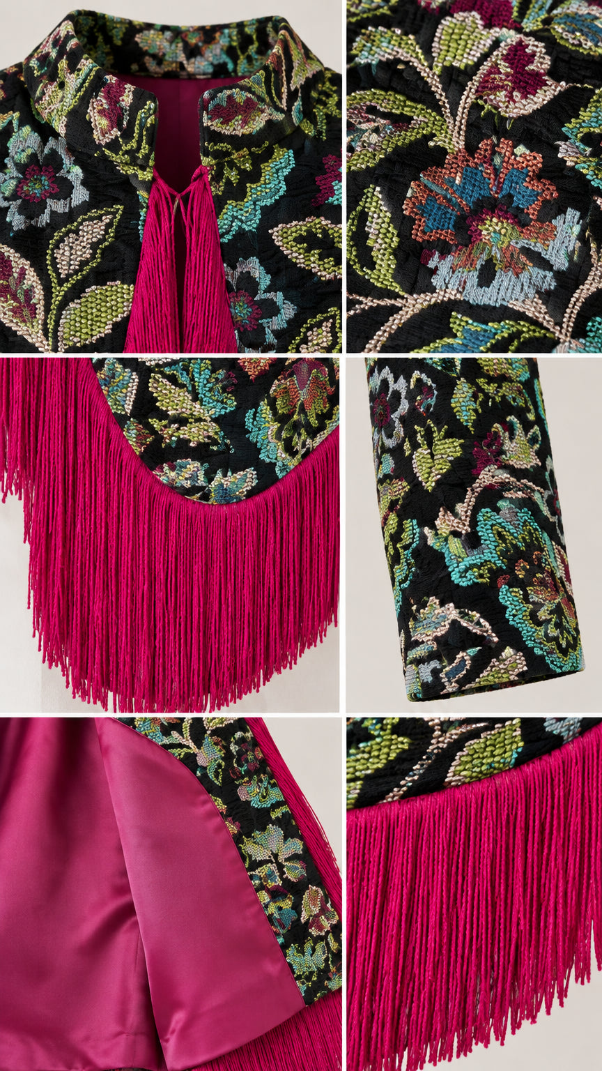 Detailed close-ups of the collar, sleeve cuff, inner lining, and fringe craftsmanship