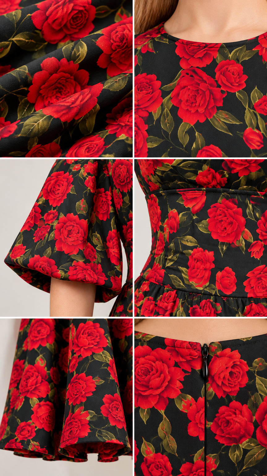 Detailed close-ups of rose floral fabric, round neckline, bell sleeve, and zipper