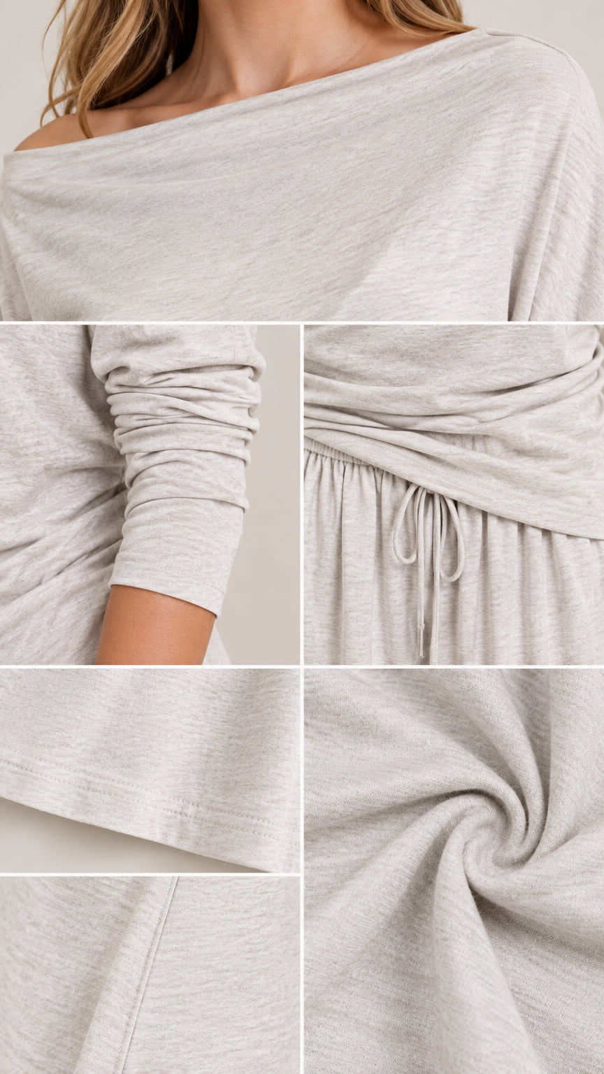 Close-up details of Heather Grey maxi dress showing draped neckline, sleeve, and ruched drawstring waist