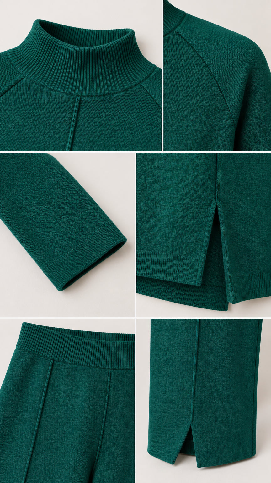 Close-up details of ribbed mock neckline, sleeve cuffs, side slit hem, and waistband