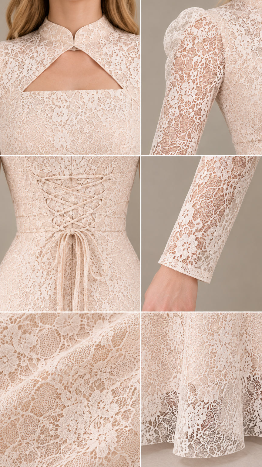 Close-up details of keyhole neckline, sheer lace sleeve, and corset back tie