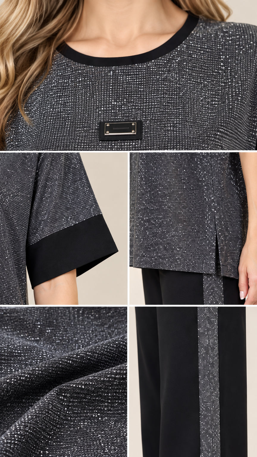 Close-up details of metallic knit texture, chest badge, contrast cuffs, side slit, and pant stripe