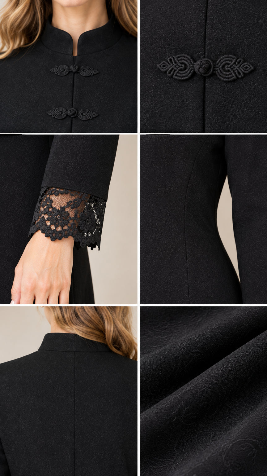 Close-up details of Mandarin collar, knot button closures, and lace cuffs