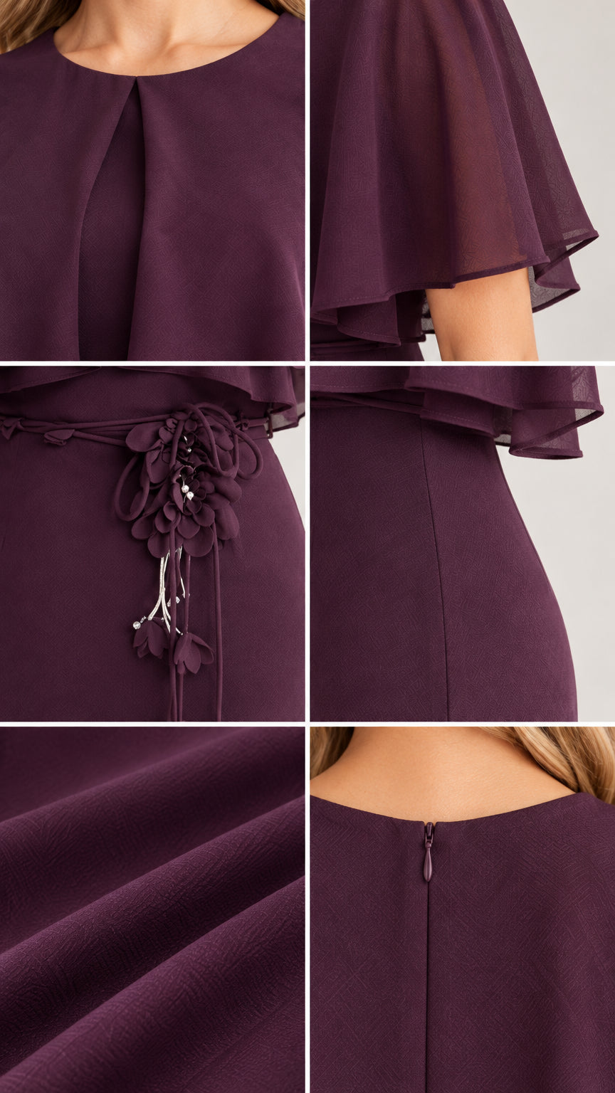 Close-up details of neckline, flutter sleeve, floral belt, fabric texture, and back zipper