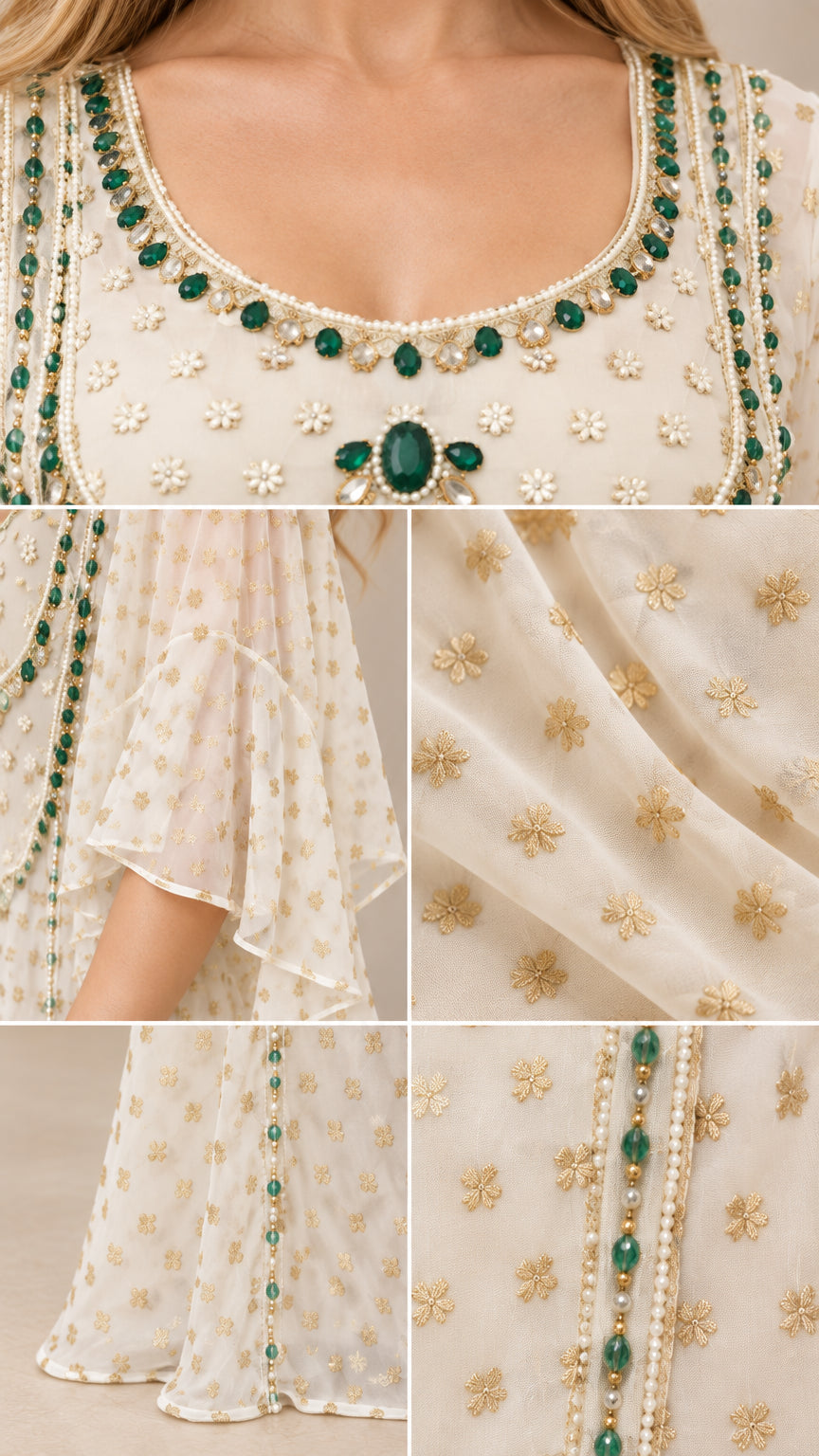 Close-up details of beaded neckline embellishments, textured fabric, and trim