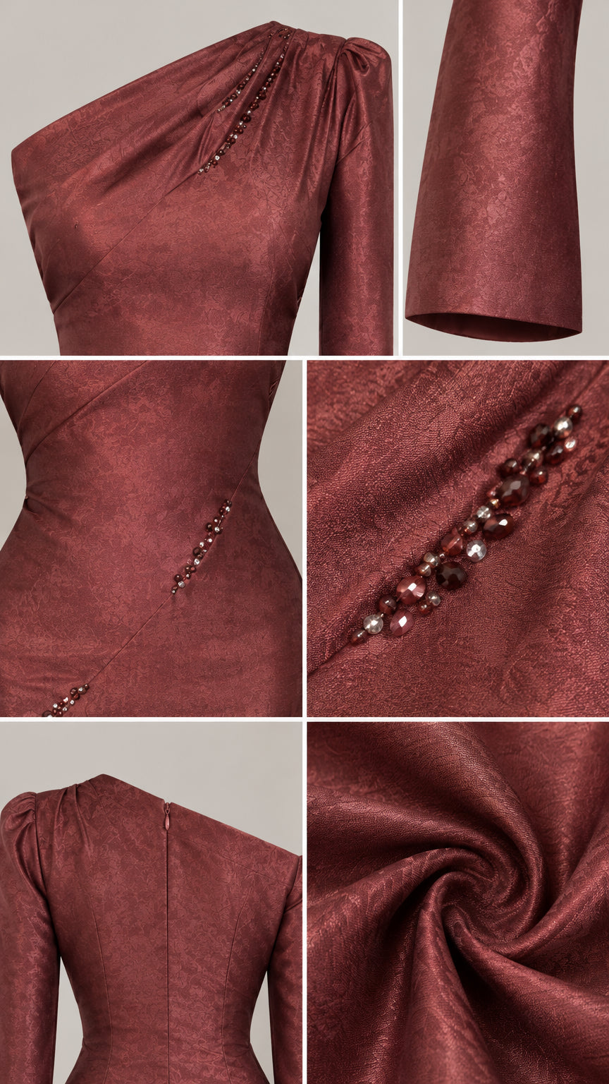 Close-up details of beaded embellishment, neckline, and fabric texture