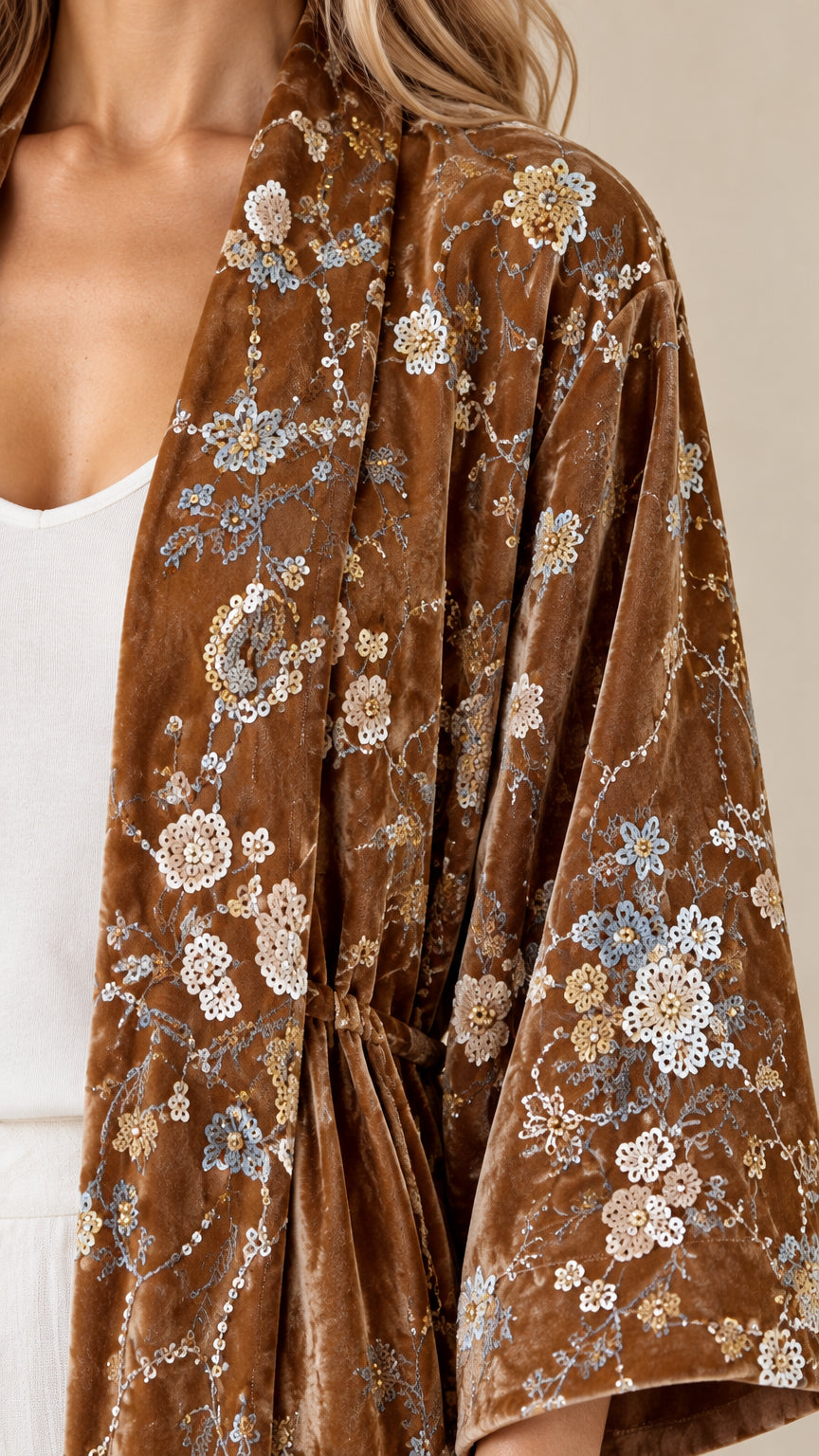 Close-up detail of floral embroidery and texture on Camel Brown velvet kimono sleeve and bodice