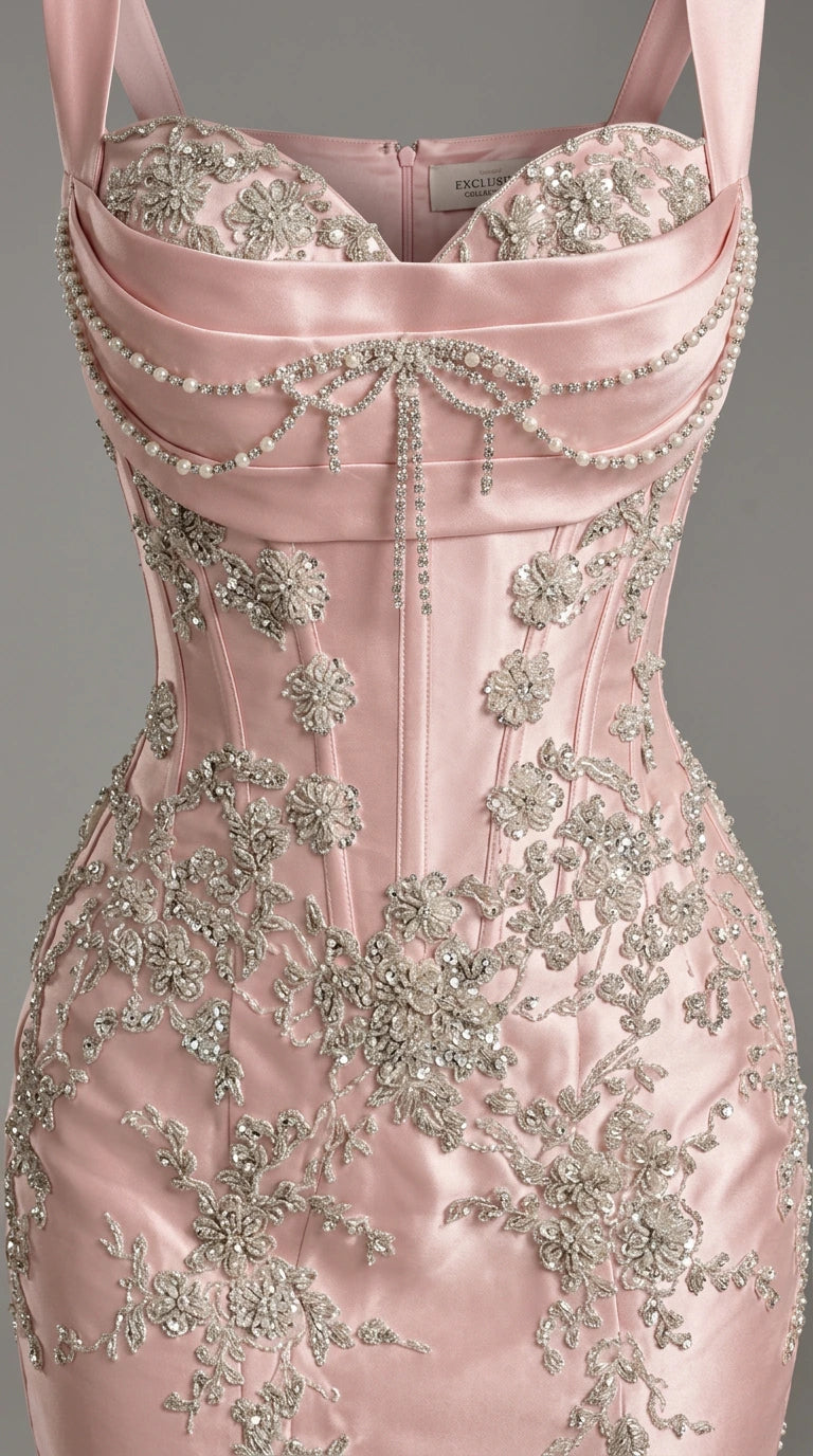 Close-up detail of blush pink corset bodice with intricate beadwork and pearl draping