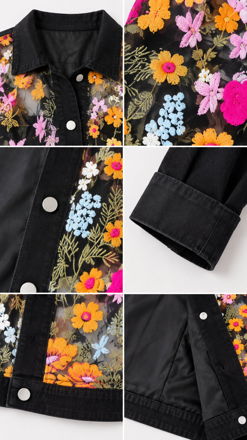 Close-up details of collar, floral embroidery, snap button placket, cuffs, and hem craftsmanship