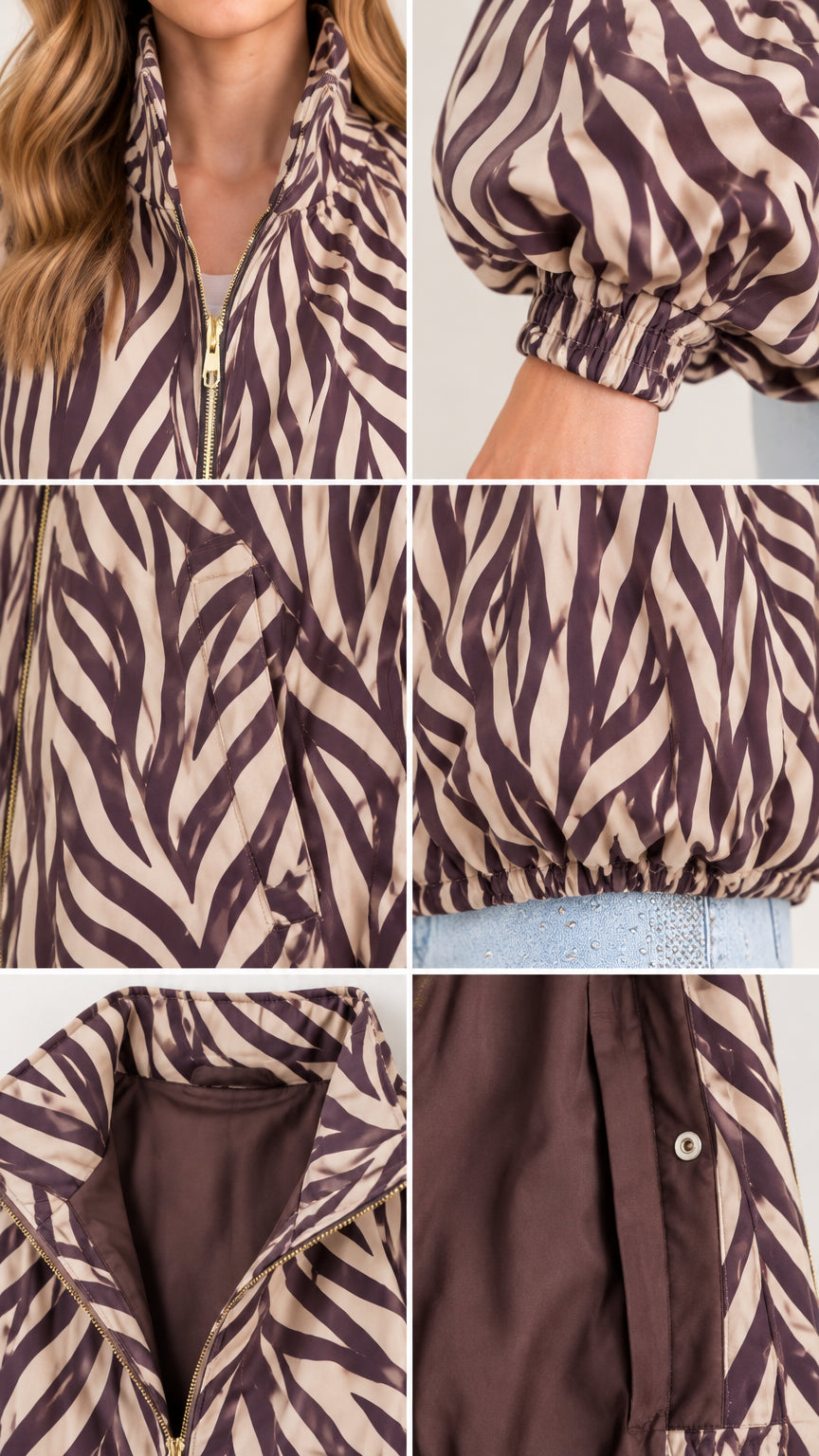 Detailed close-up collage showing zipper neckline, elastic cuffs, fabric pattern, and lined interior