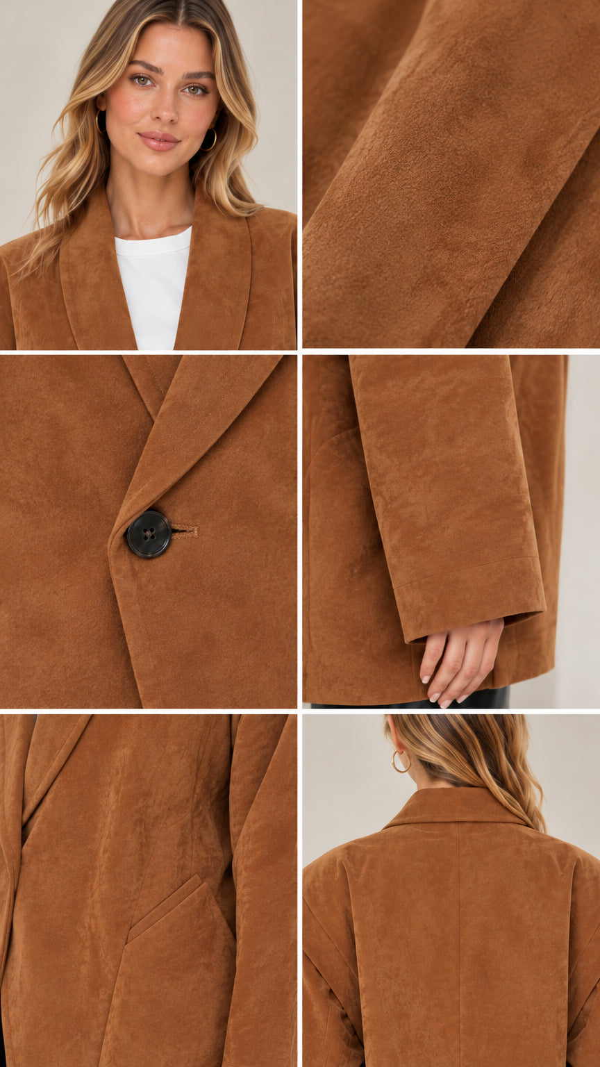 Detailed collage of lapel, faux suede texture, button closure, cuff, and pocket details