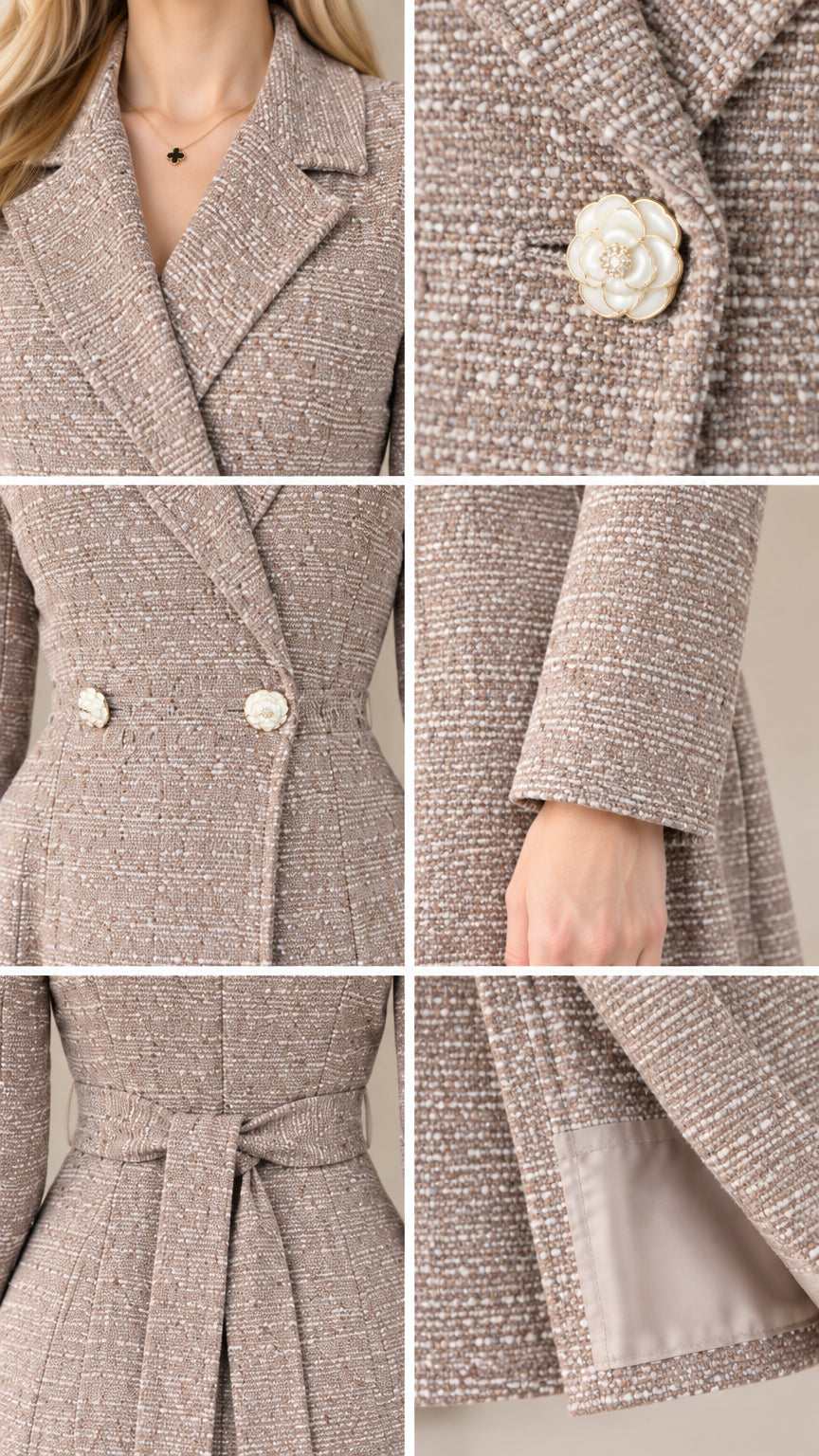 Close-up details of lapel, textured tweed fabric, and flower buttons