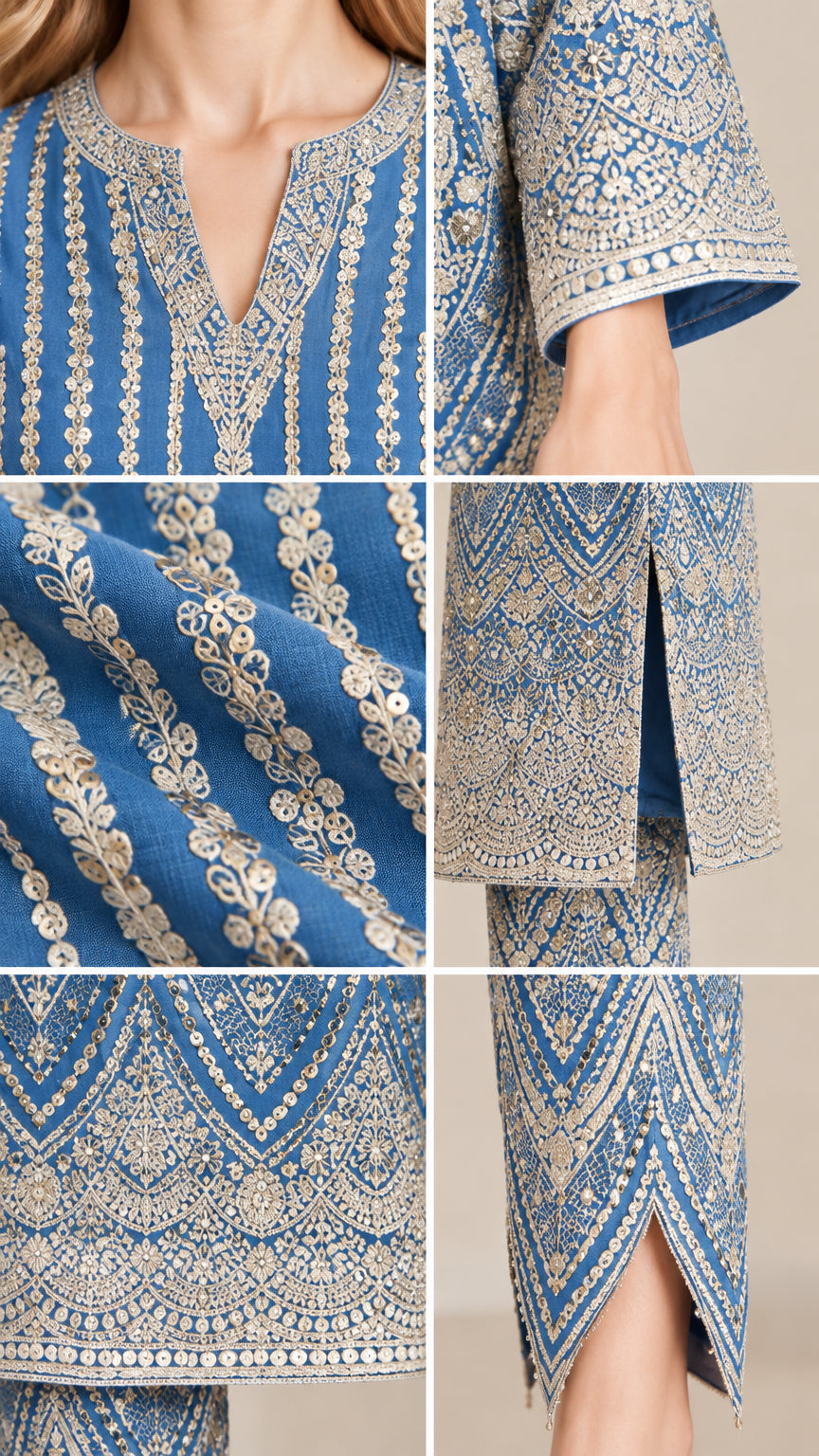 Detailed collage showing embroidery, notch neckline, sleeve cuff, and tulip pant hem