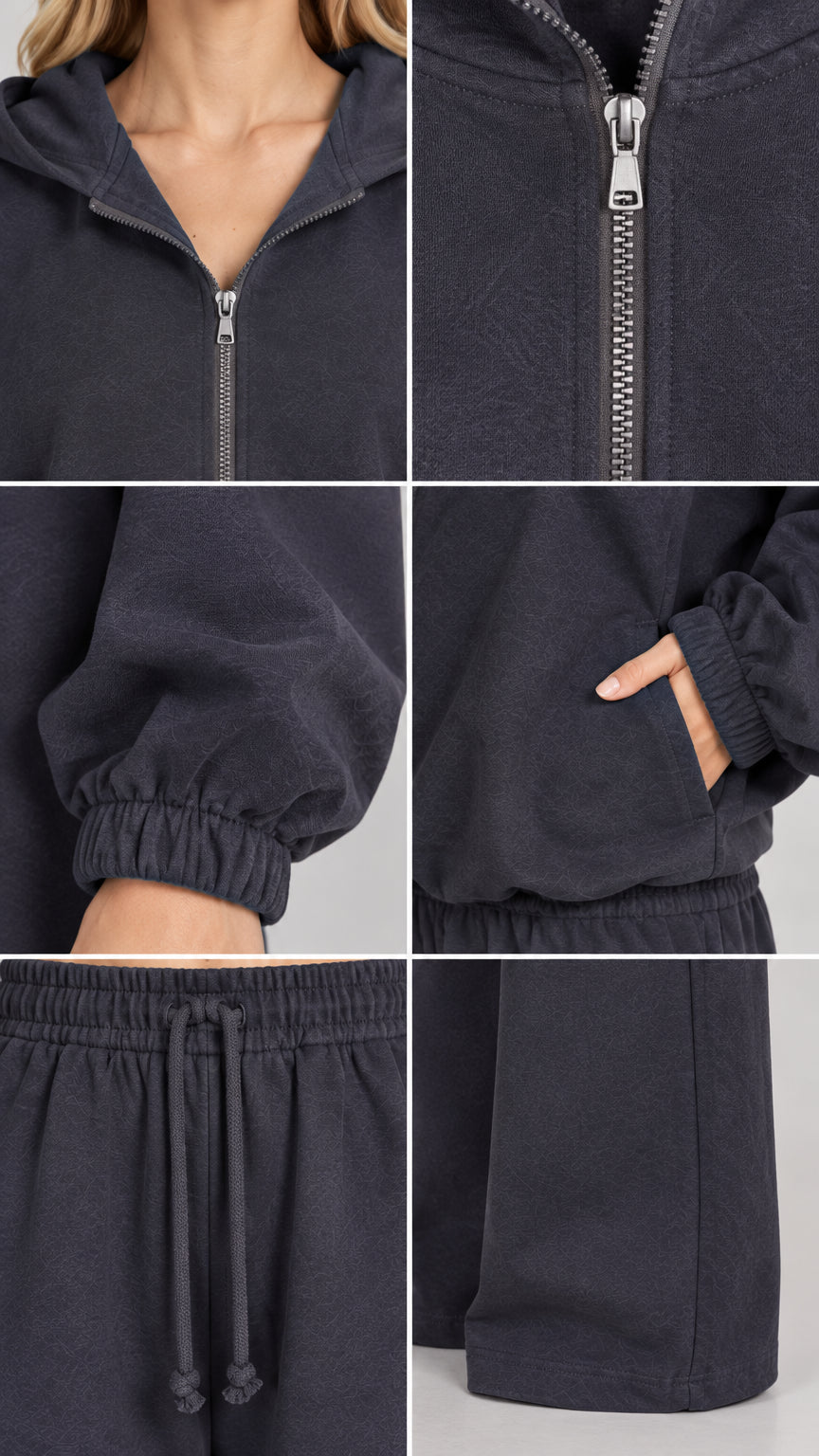 Close-up details of the zipper neckline, elastic cuff, side pocket, and drawstring waist