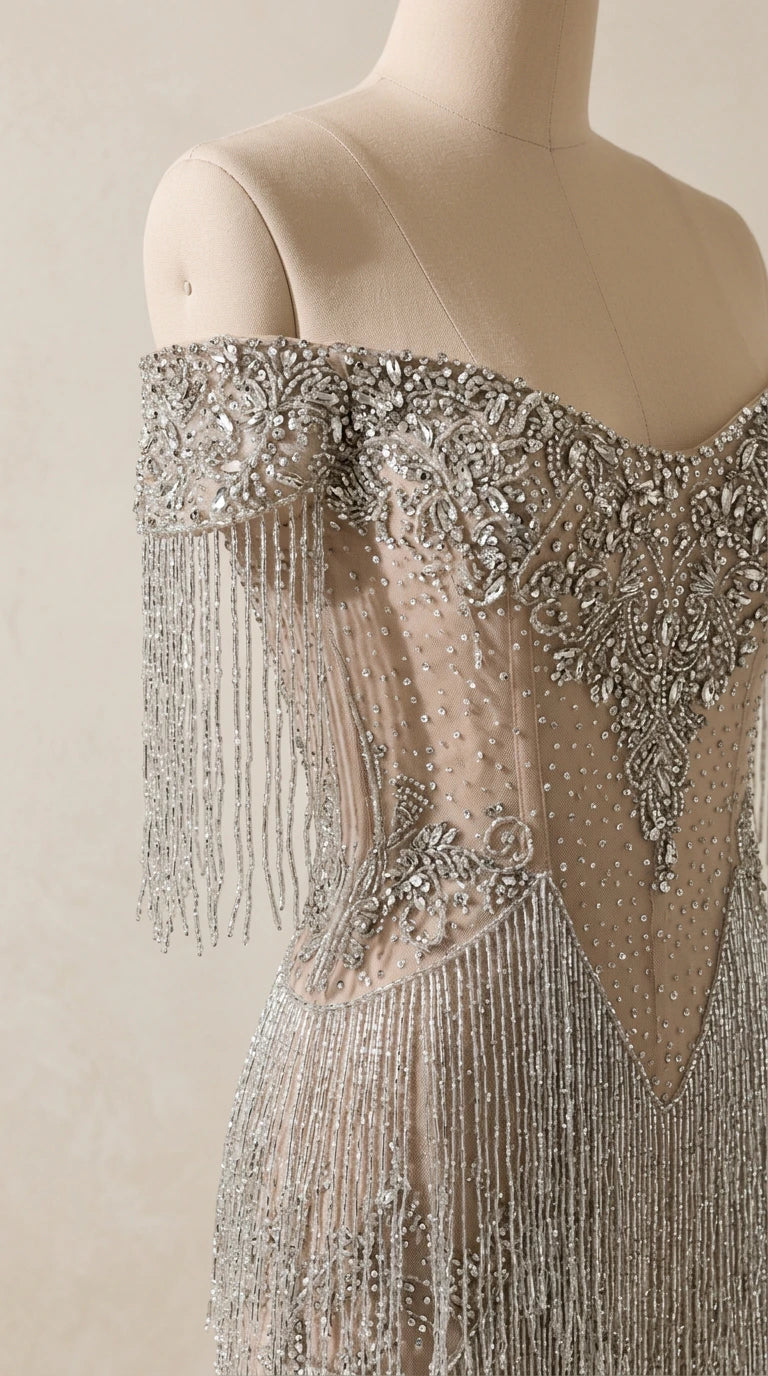 Close-up detail of silver crystal beading, illusion mesh, and draped fringe sleeves