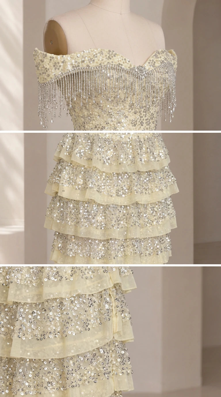 Close-up detail of bodice beaded fringe and layered sequin ruffles