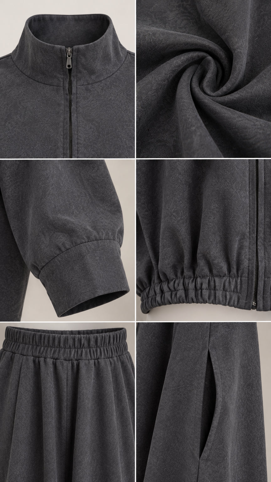 Close-up details of charcoal grey set showing mock neck zipper, soft fabric texture, cuffs, elastic hem, waistband, and side pocket