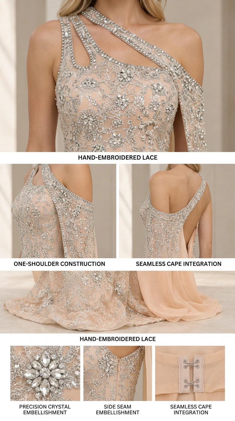 Close-up details of crystal lace embroidery, cutout one-shoulder strap, and cape attachment seam