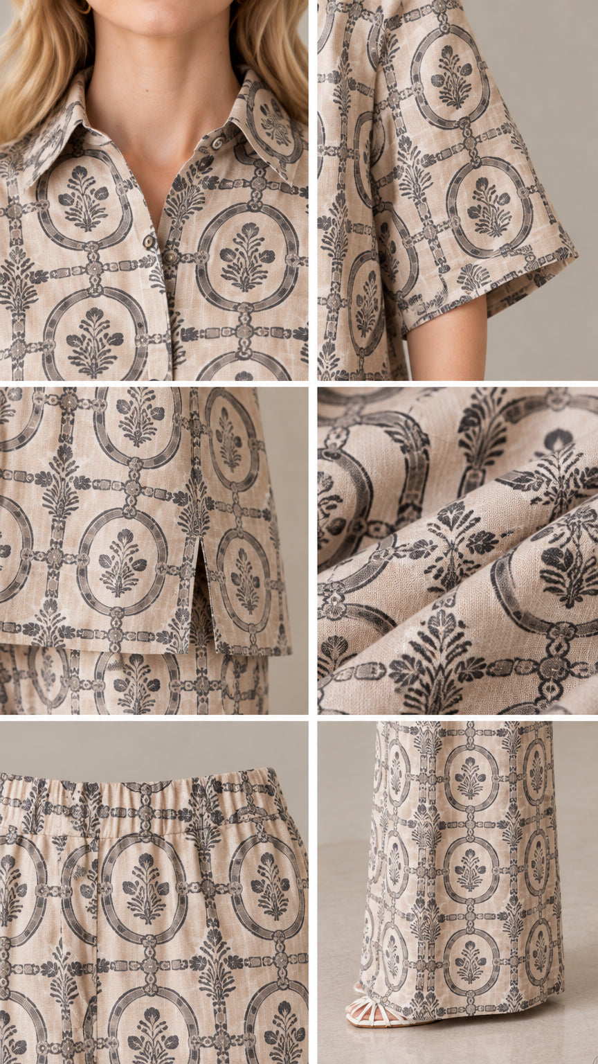 Close-up details of collar, sleeve cuff, hem slit, woven fabric texture, and elastic waistband