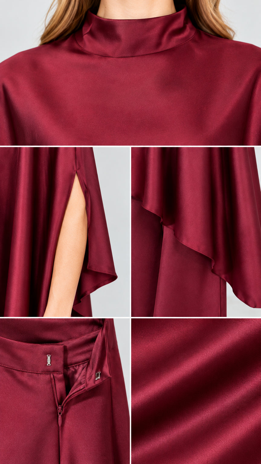 Detail view of burgundy satin mock neckline, cape arm slit, hem drape, and trouser zipper closure