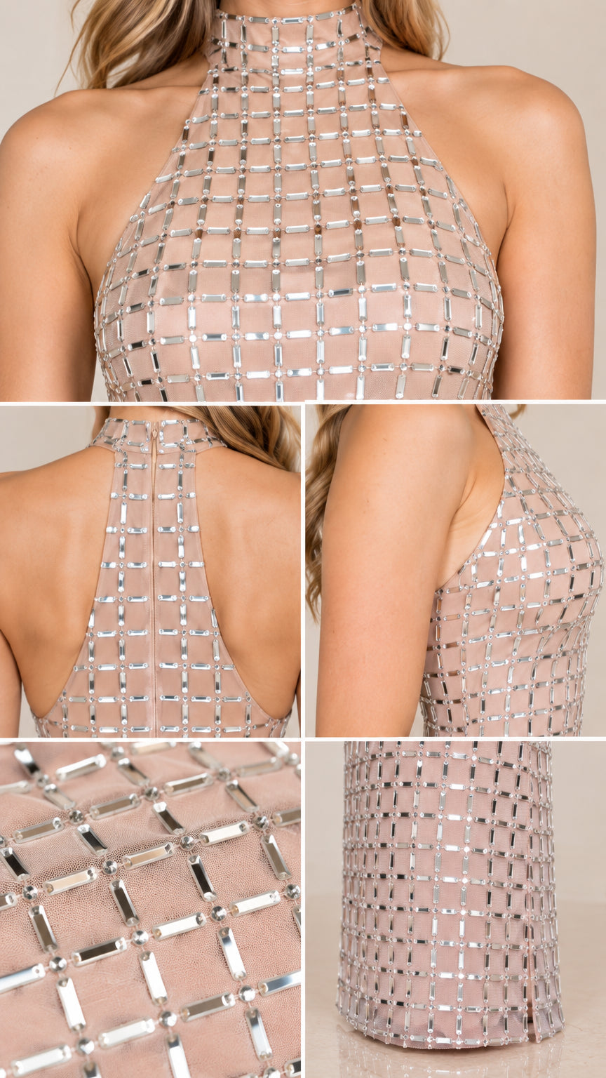 Close-up detail shots showing halter neckline, back closure, and grid rhinestone embellishments