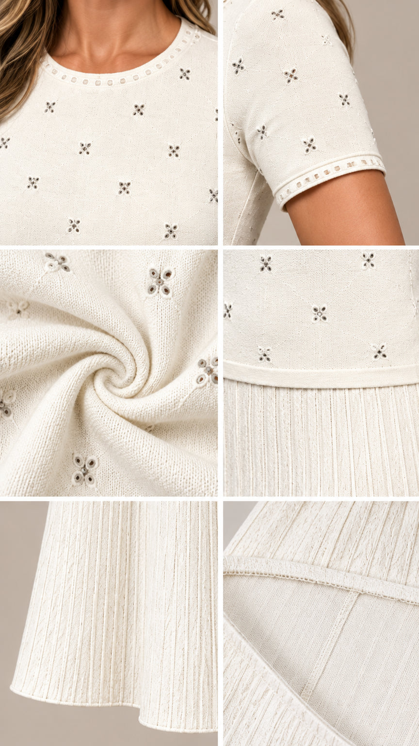 Close-up details of cream knit set showing star eyelet pattern and ribbed hem