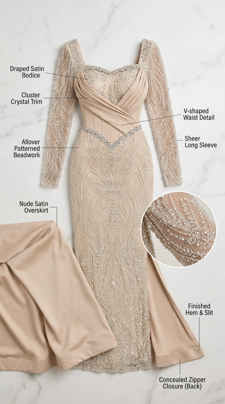 Flat lay garment detail showcasing draped satin bodice, crystal cluster trim, and patterned beadwork