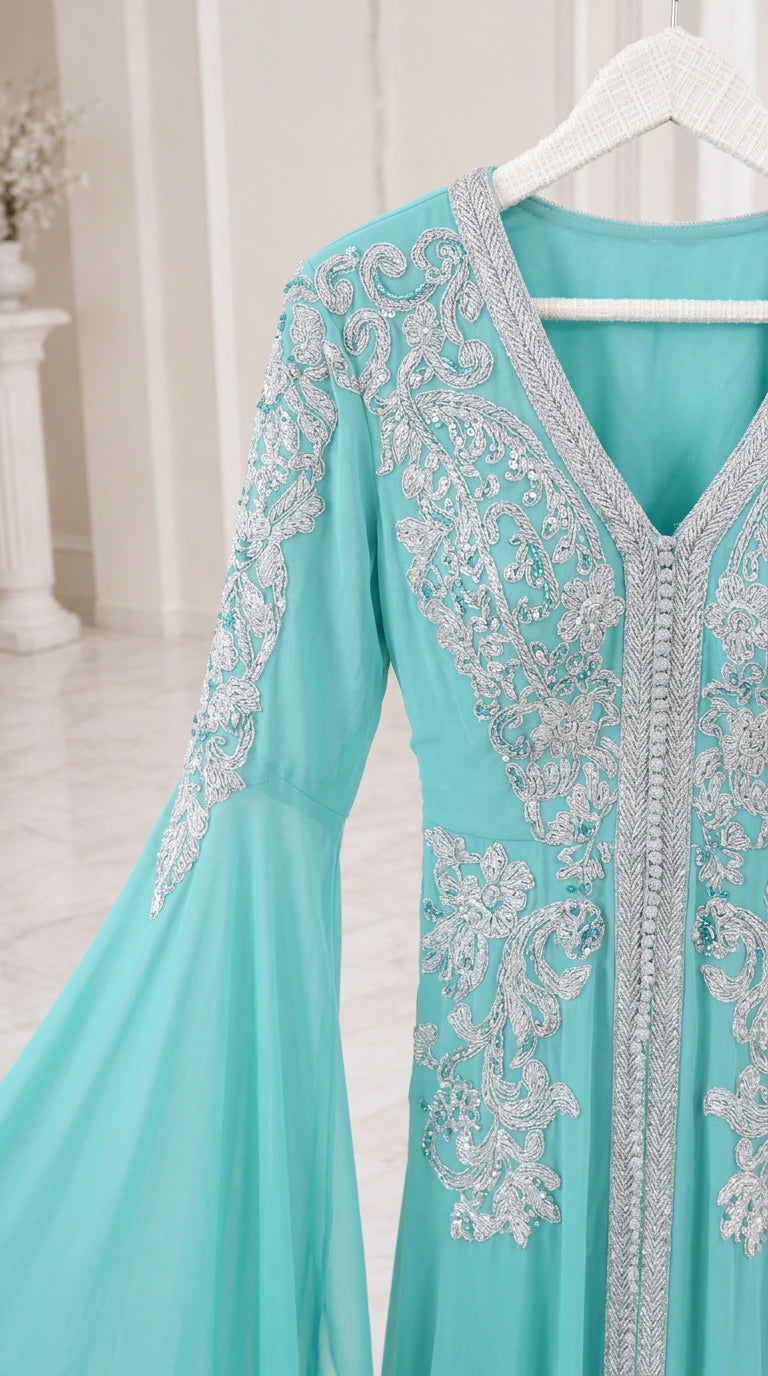 Close-up detail of silver embroidery on the neckline and sleeve of the aqua kaftan dress