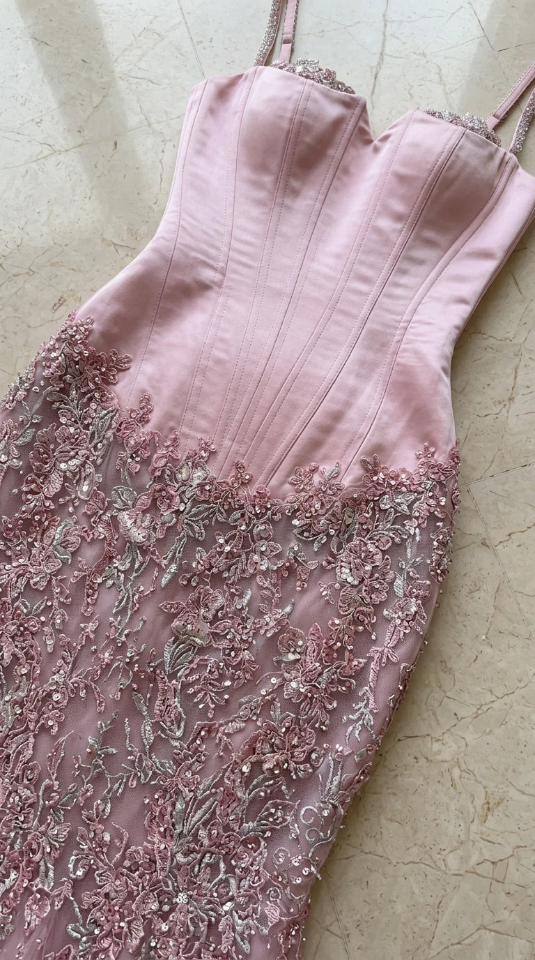 Close-up flat lay of blush pink boned corset bodice and beaded lace detailing