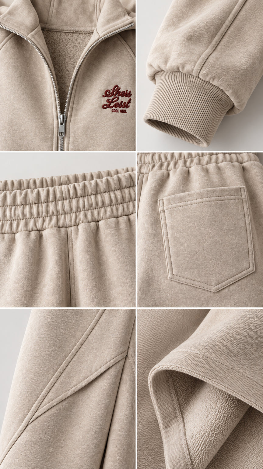Close-up details of fleece lining, embroidery, zipper, waistband, and angled seams