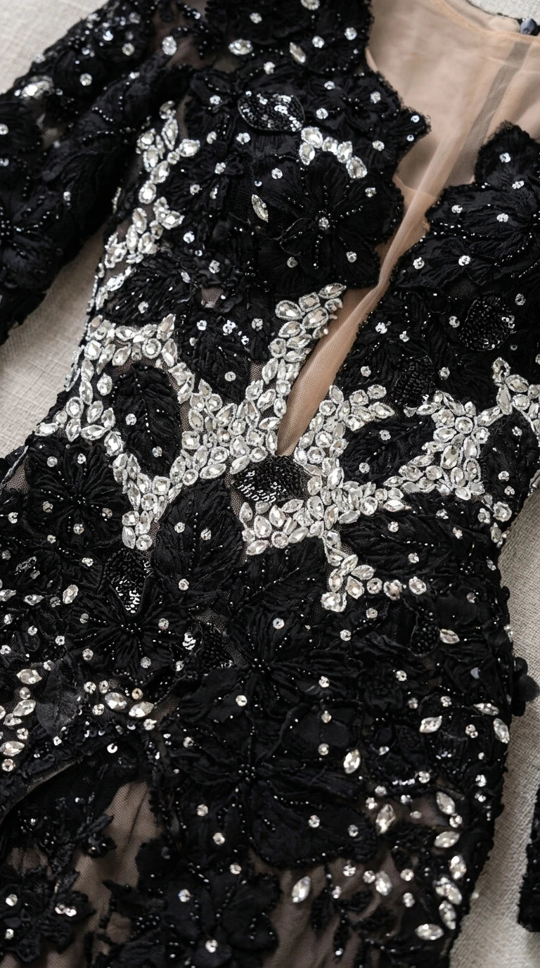Close-up detail of Black bodice showing intricate floral crystal and sequin beadwork on sheer mesh