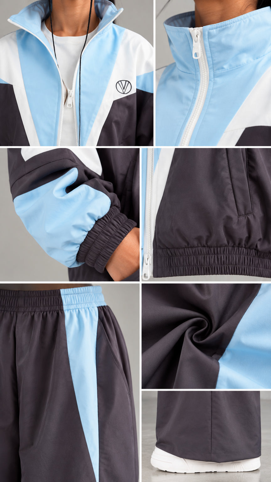 Close-up details of collar zipper cuffs and fabric texture of tracksuit set