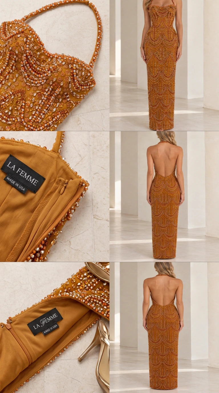 Detailed close-up of intricate pearl beading and interior zipper construction