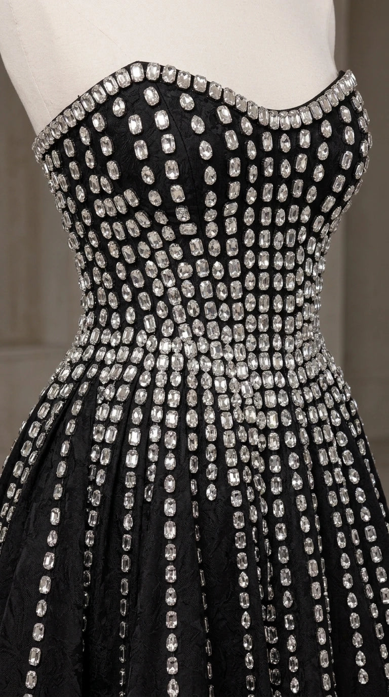 Close-up detail of rhinestone embellishments on sweetheart strapless neckline bodice
