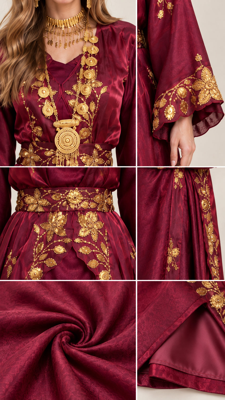 Close-up details of gold embroidery and smooth burgundy satin fabric texture